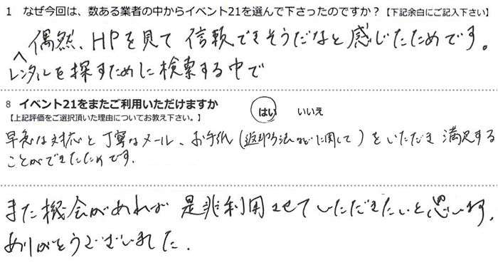 �����^����T�����߂Ɍ������钆�ŁA���R�AHP�����ĐM���ł��������ȂƊ��������߂ł��B
���}�͑Ή��ƒ��J�ȃ��[���A���莆(�ԋp���@�ȂǂɊւ���)�����������A�������邱�Ƃ��ł������߂ł��B
�܂��@�����΁A���񗘗p�����Ă������������Ǝv���܂��B���肪�Ƃ��������܂����B