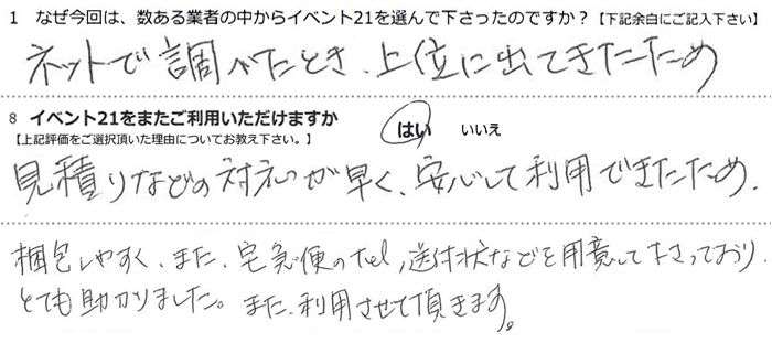 �l�b�g�Œ��ׂ��Ƃ��A��ʂɏo�Ă�������
���ς���Ȃǂ̑Ή��������A���S���ė��p�ł������߁B
����₷���A�܂��A��}�ւ�Tel�A���t��Ȃǂ�p�ӂ��ĉ������Ă���A�ƂĂ�������܂����B�܂��A���p�����Ă��������܂��B