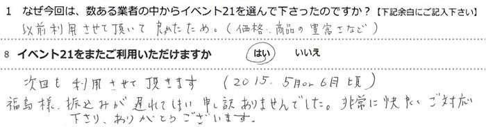 �ȑO���p�����Ē����ėǂ��������߁B(���i�E���i�̖L�x���Ȃ�)
��������p�����Ă��������܂��B(2015.5��or6����)
�����l�@�U�����x��Ă��܂��A�\���󂠂�܂���ł����B���ɉ������Ή�������A���肪�Ƃ��������܂����B