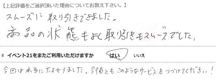 �X���[�Y�Ɏ������ł��܂����B
���i�̏�Ԃ��悭���������X���[�Y�ł����B
����͖{���ɏ�����܂����B����Ƃ����̂悤�ȃT�[�r�X���Â��Ă��������I
