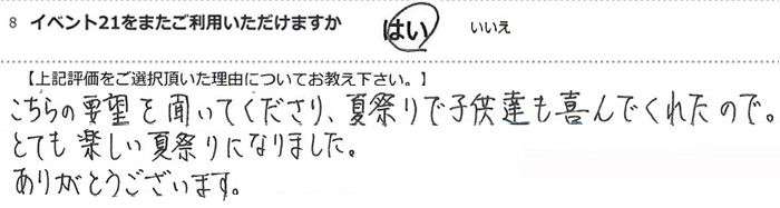 こちらの要望を聞いてくださり、夏祭りで子供達も喜んでくれたので。
とても楽しい夏祭りになりました。ありがとうございます。
