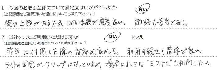 �d�͏�������邽�߁A100W�����Œ��x�ǂ��B���i���Ó��ł���B
��N�ɗ��p�����ۂ̑Ή����ǂ������B���p�葱�����ȒP�ŗǂ��B
���C�g�̌Œ肪�N���b�v�ɂȂ��Ă��邪�A�ꍇ�ɂ���Ă�