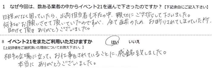 �������Ȃ������Ă�����o�גS���҂��s�݂̒��A�e�؂ɂ��Ή����Ă��������܂����B���Ђ����肢�����Ă��������Ă����̂ł����A���ׂĒ��O�̂��߁A���f�肳��Ă��܂��Ă������A�����Ă����������肪�Ƃ��������܂����B
����̗���ɗ����āA���d��������Ă��邱�ƂɁA�����v���܂����B�{���ɂ��肪�Ƃ��������܂����B