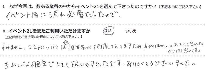 �C�x���g�p�ɂ�������K�v�������̂ŁB
���݂܂���A�R�X�g�ɂ��Ă͑��S���҂��c�����Ă���܂����߂킩��܂���B�����炭�ǂ������̂ł͂Ǝv���܂��B
���ꂢ�ȍ���łƂĂ������₷�������ł��B���肪�Ƃ��������܂����B