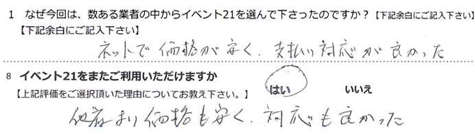 ネットで価格が安く、支払い対応が良かった。
他社より価格も安く、対応も良かった。