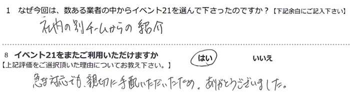 �Г��̕ʃ`�[������̏Љ�B
�}�ȑΉ��ł��A�e�؂Ɏ�z�������������߁B
���肪�Ƃ��������܂����B