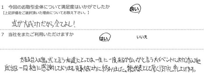 式が大成功だから全てよし！
太鼓台入魂式と言う私達にとっては一生に一度あるかないかと言う
大イベントにお力添えいただき、自治区一同本当に感謝しております。
見事大成功に終わりました。総代表として乙区御礼申し上げます。