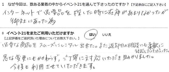 �C���^�[�l�b�g�ŕK�v�i��T�������ɍ݌ɂ����܂�Ȃ���������Ђɂ������ׁB
�K�v�ȏ��i���X���[�Y�Ƀ����^���o�����B�܂��ԋp���̑��k�ɂ��_��ɑΉ����Ă����������B
�}�ȕύX�ɂ�������炸�A�����J�ɑΉ���������������܂����B
��������p�����Ă��������܂��B