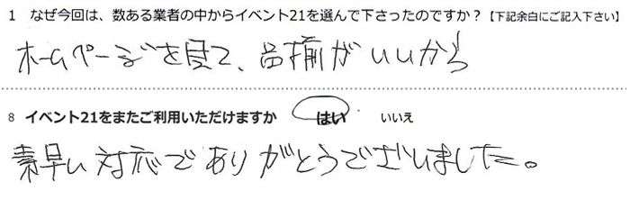 ホームページを見て、品揃えがいいから。
素早い対応でありがとうございました。