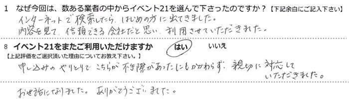 �C���^�[�l�b�g�Ō���������A�͂��߂̕��ɏo�Ă��܂����B���e�����āA�M���ł����Ђ��Ǝv���A���p�����Ă��������܂����B
�\�����݂̂��Ƃ�ł����炪�s��ۂ��������ɂ�������炸�A�e�؂ɑΉ����Ă��������܂����B
�����b�ɂȂ�܂����B���肪�Ƃ��������܂����B